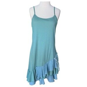 Pretty Angel Dress Linen Blend Soft Layered Sleeveless Asymmetric Green/blue Med